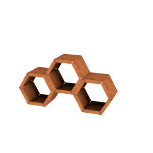 Cortenstaal houtopslag hexagonaal 3 modules symmetrisch