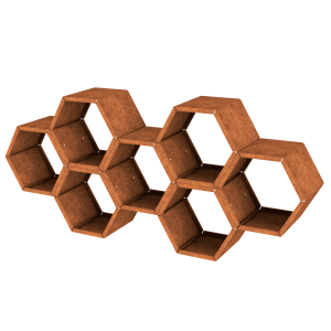 Cortenstaal houtopslag hexagonaal 7 modules symmetrisch variant