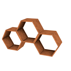 Cortenstaal houtopslag hexagonaal 3 modules symmetrisch variant
