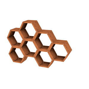 Cortenstaal houtopslag hexagonaal 7 modules asymmetrisch variant