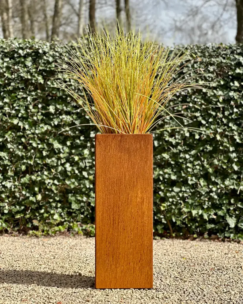 Planten in een cortenstaal plantenbak: siergras in moderne tuin