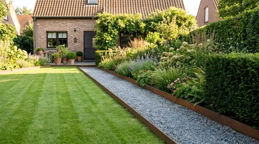 Cortenstaal borderrand tussen gazon, grind en border in een Vlaamse tuin