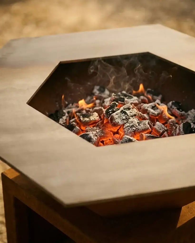 Koken op houtvuur: hout uitgebrand tot gloeiende as, klaar om op te koken