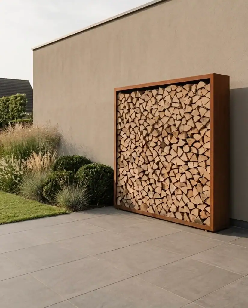 Cortenstalen houtopslag buiten gevuld met brandhout tegen een gevel in een moderne tuin